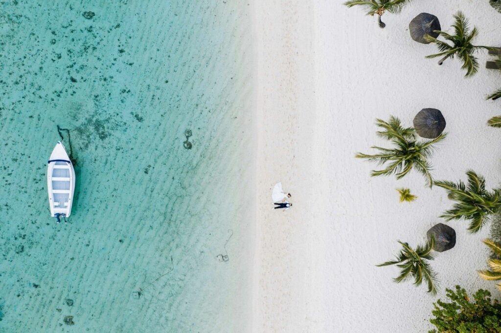 aerial view of green palm trees on white sand beach during daytime in Mauritius